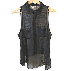 Energie Y2K Black Sleeveless Sheer Button Up Shirt Top Womens Lg Goth 90s Grunge